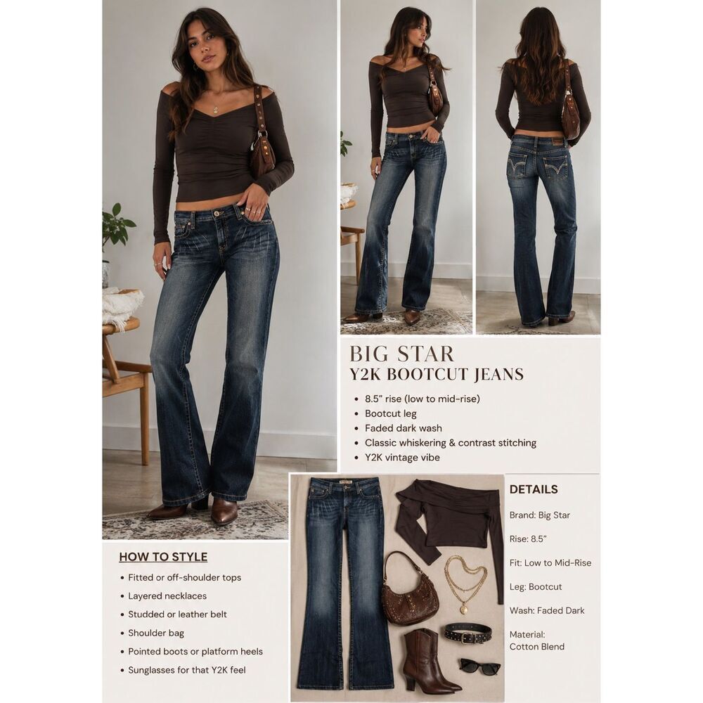 Y2K Big Star Maddie Bootcut Jeans 30R medium wash Whiskering 90's